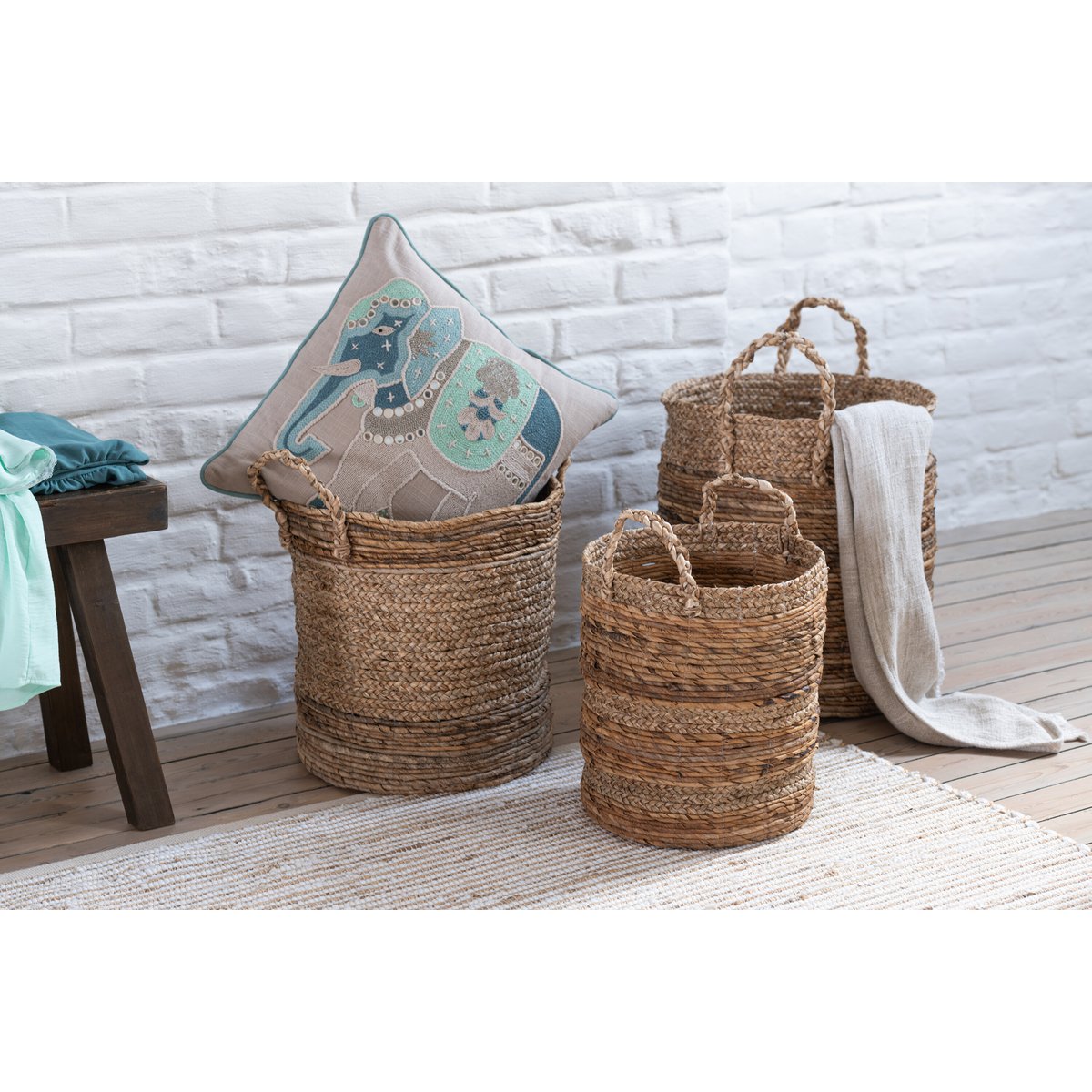 J-Line mand Lucie - jute - naturel - 3 stuks