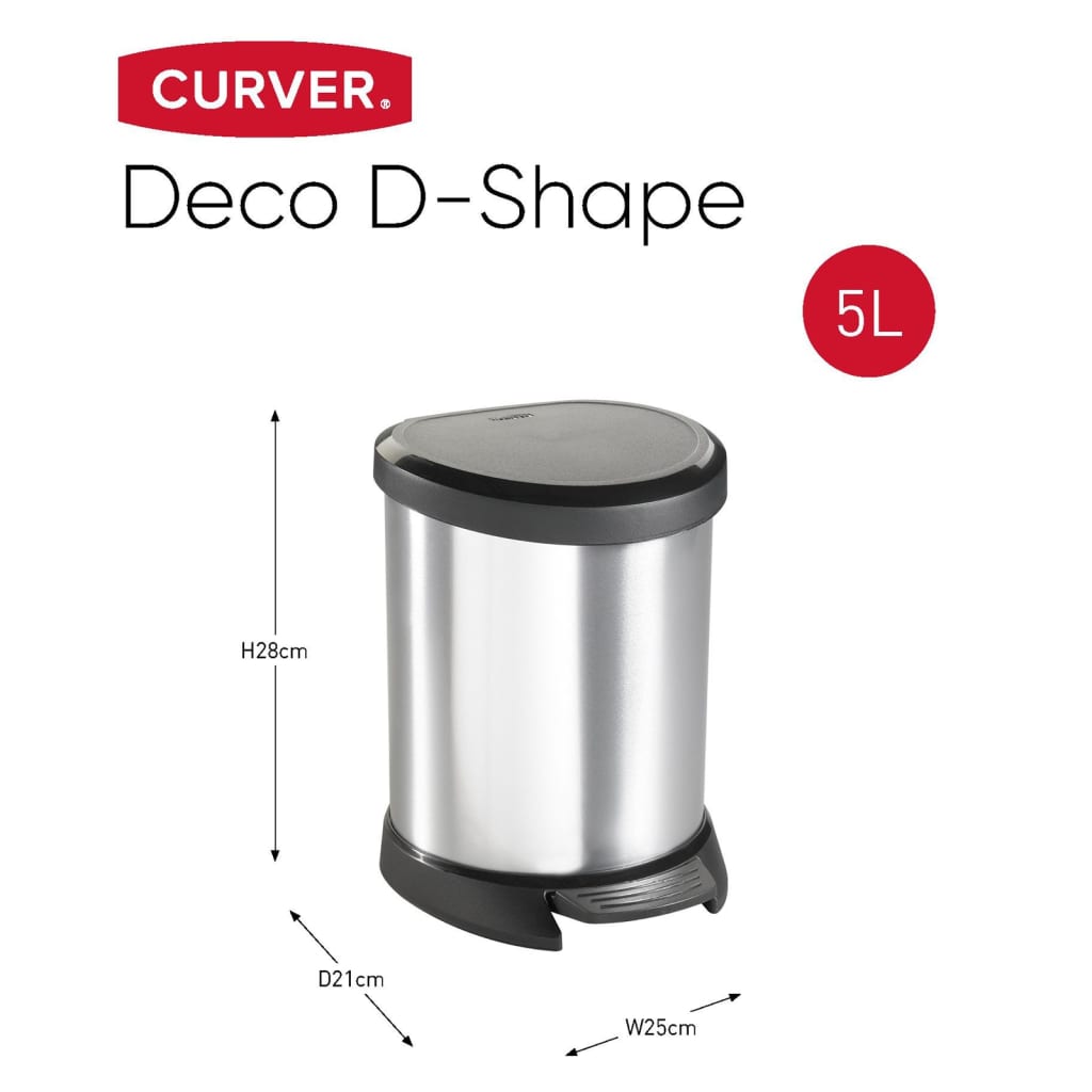 Curver Poubelle à pédale Deco ovale 5 L couleur argent