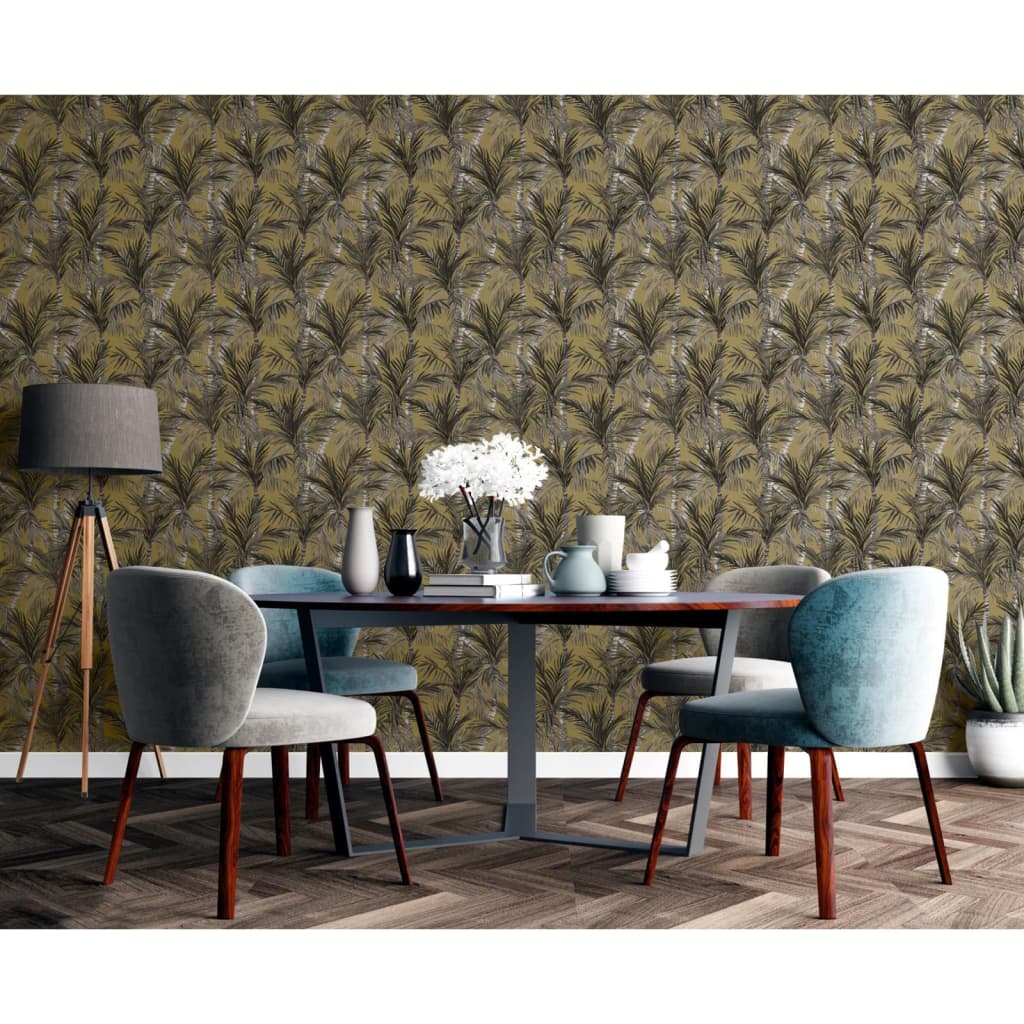 DUTCH WALLCOVERINGS Behang Palm Trees goudkleurig en zwart