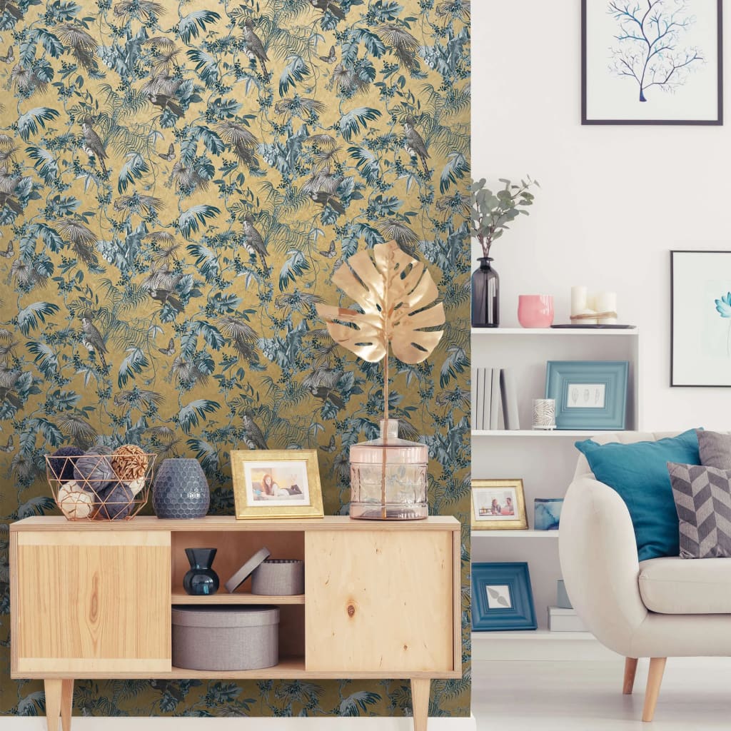 DUTCH WALLCOVERINGS Papier peint feuilles et oiseaux vert et rose