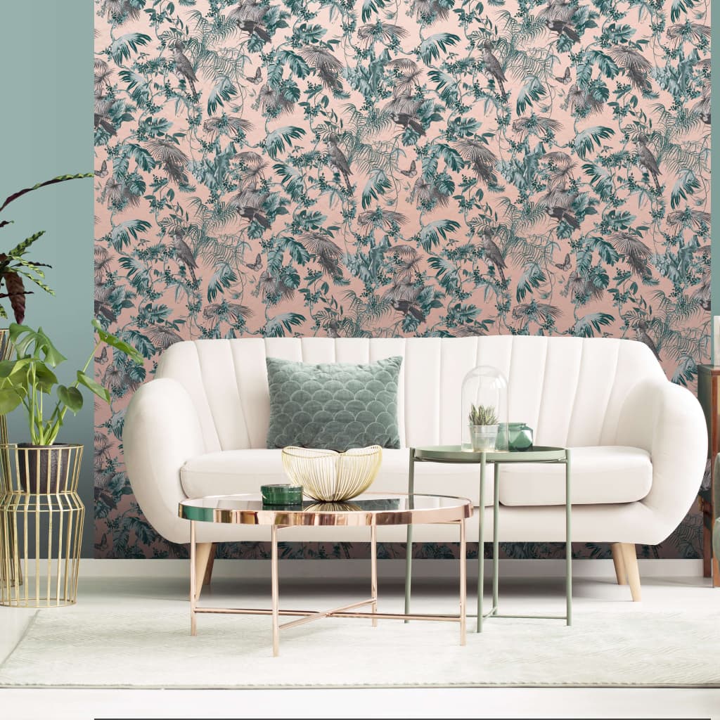 DUTCH WALLCOVERINGS Papier peint feuilles et oiseaux vert et rose