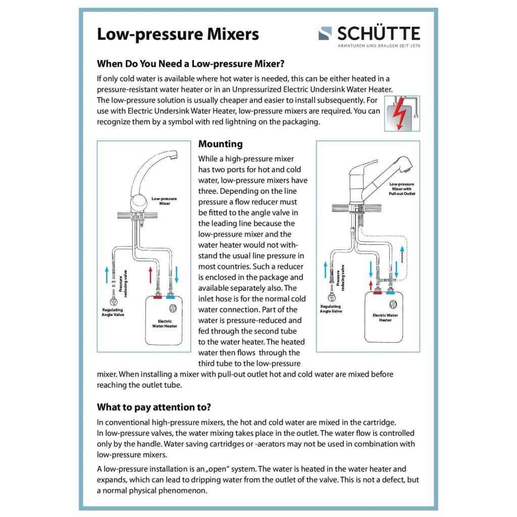 SCHÜTTE Mitigeur monocommande avec ressort hélicoïdal CORNWALL basse pression aspect acier inoxydable