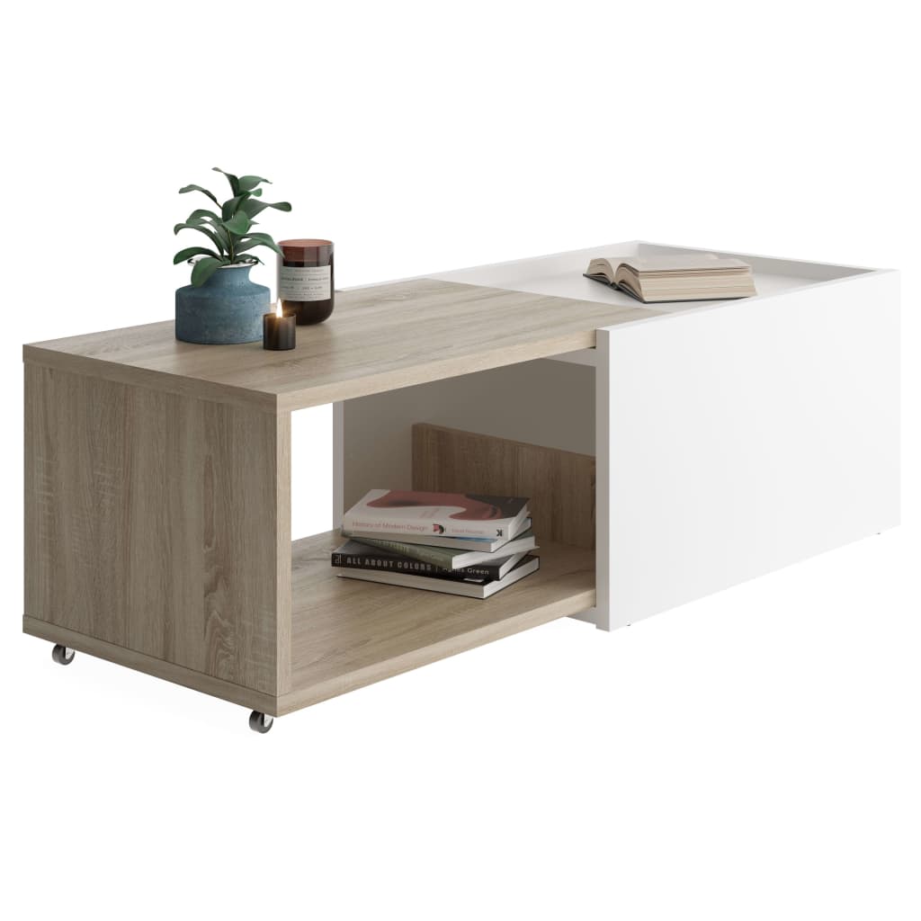 FMD Table basse extensible blanc et chêne