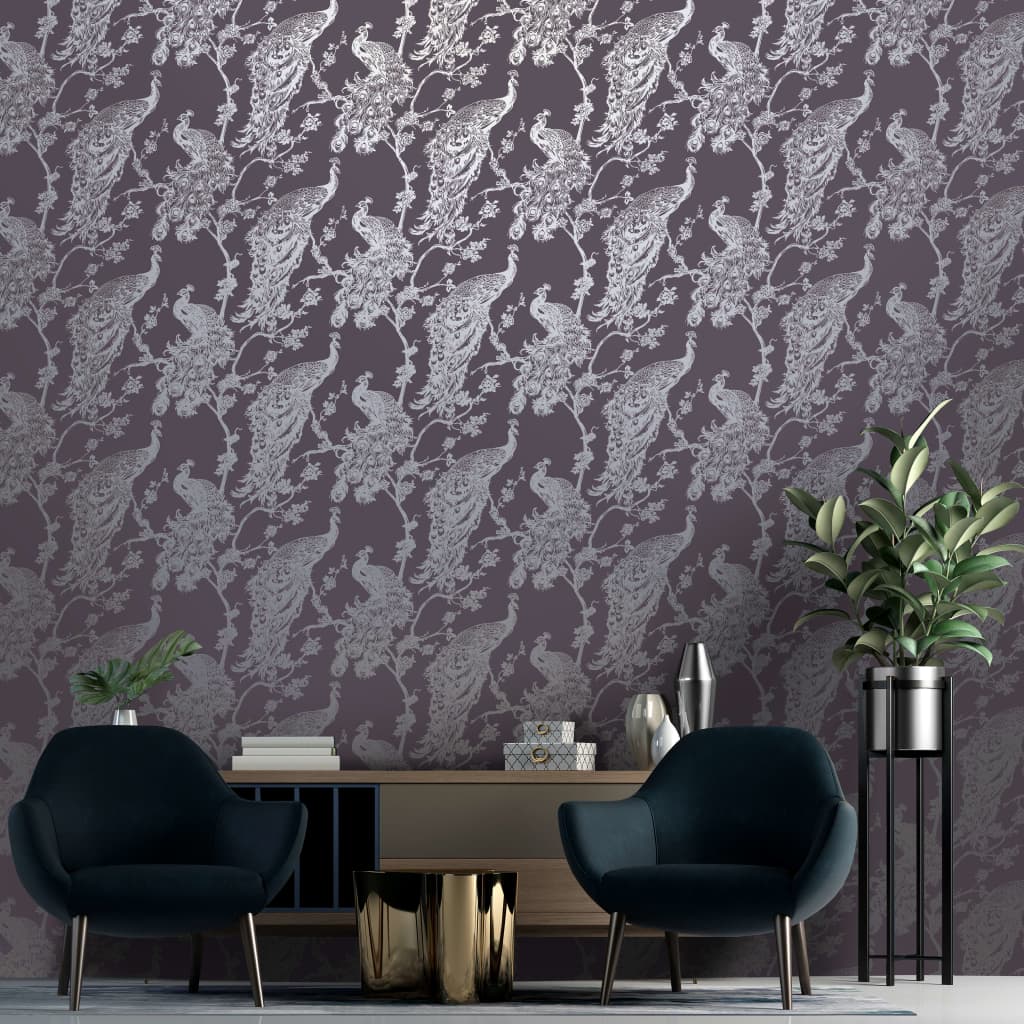 DUTCH WALLCOVERINGS Behang Peacock marineblauw en zilverkleurig