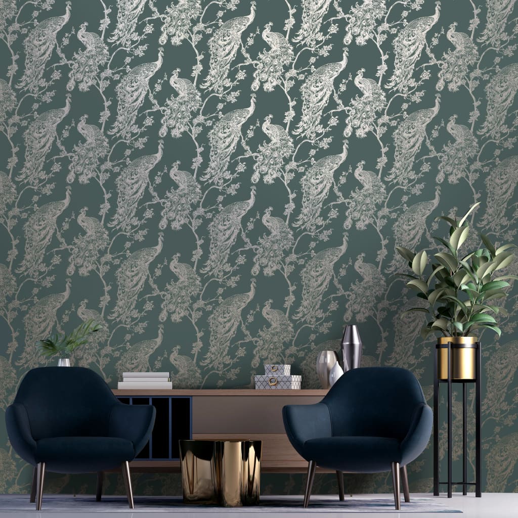 DUTCH WALLCOVERINGS Behang Peacock marineblauw en zilverkleurig