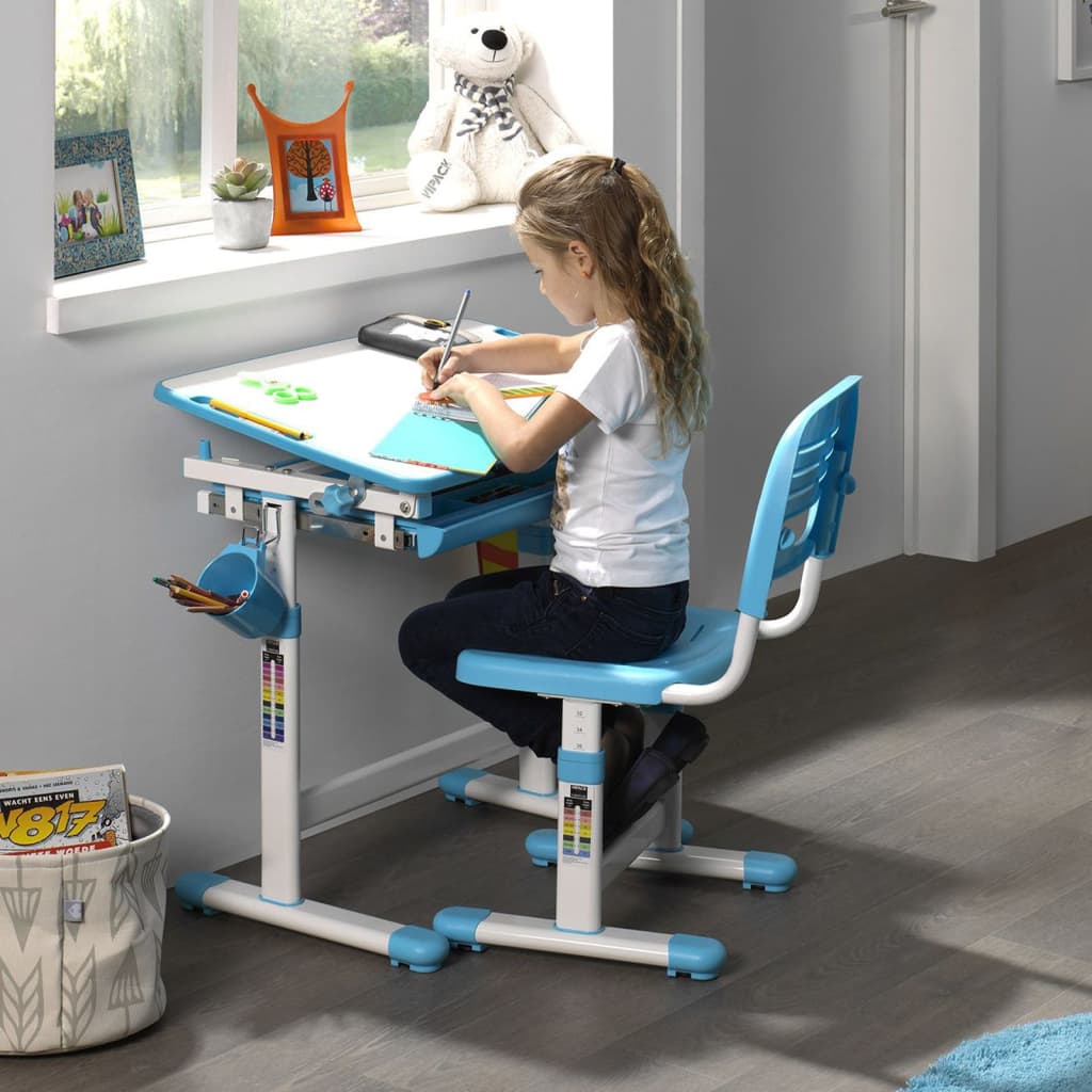 Vipack Bureau enfant réglable Comfortline 201 avec chaise bleu et blanc