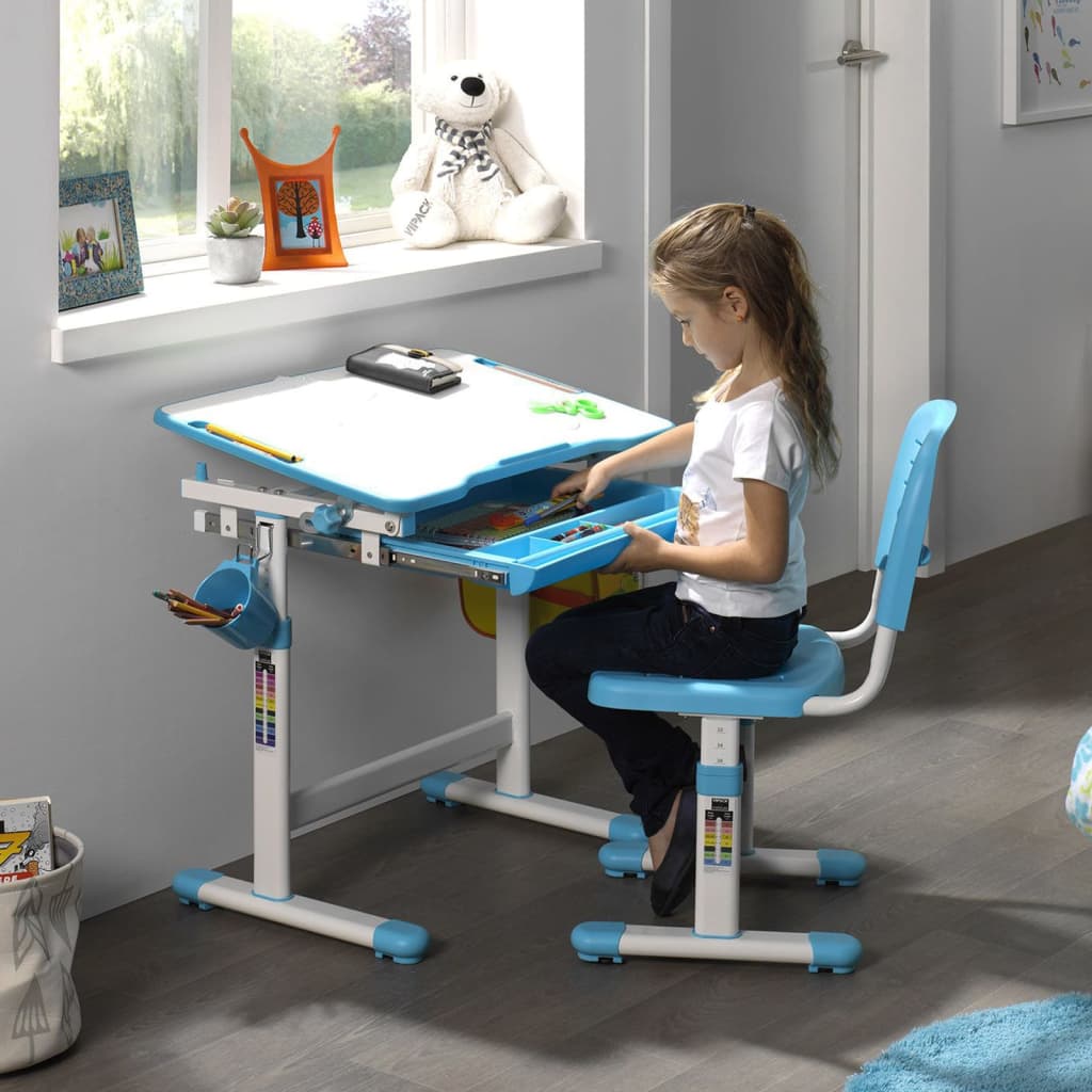 Vipack Bureau enfant réglable Comfortline 201 avec chaise bleu et blanc