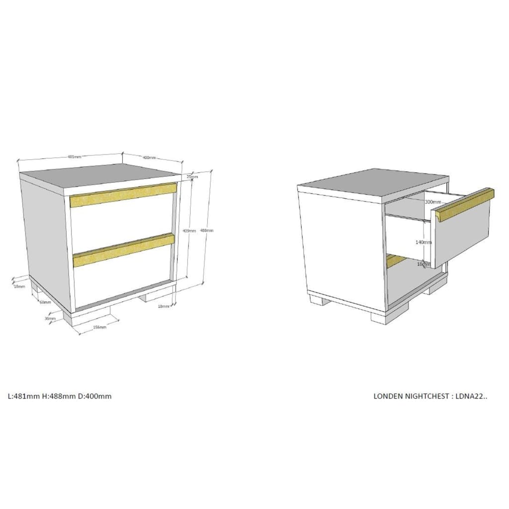 Vipack Table de chevet London avec 2 tiroirs bois