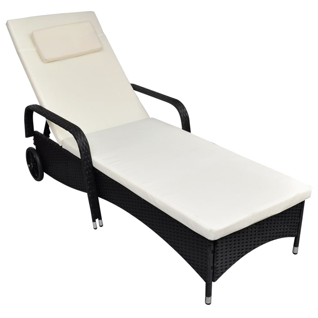 Chaise longue avec coussin et roulettes en poly rotin