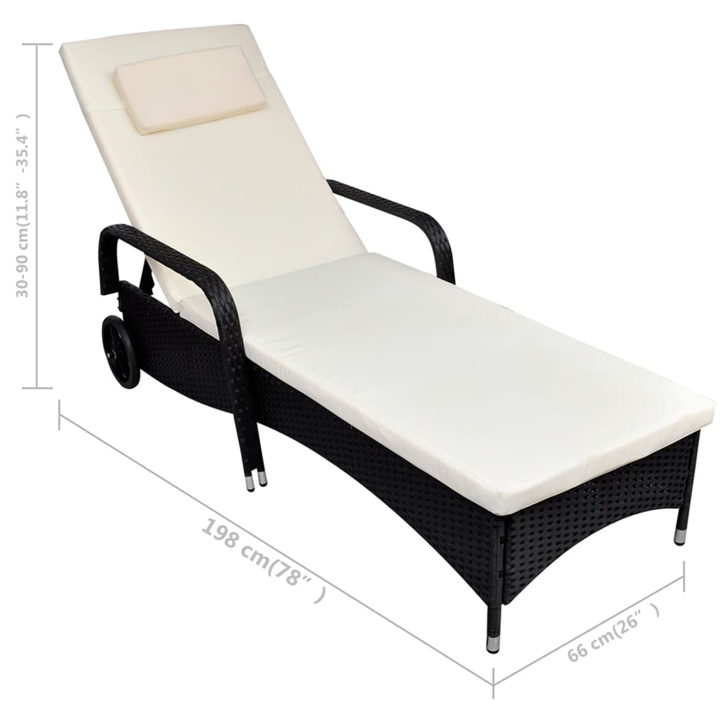 Chaise longue avec coussin et roulettes en poly rotin