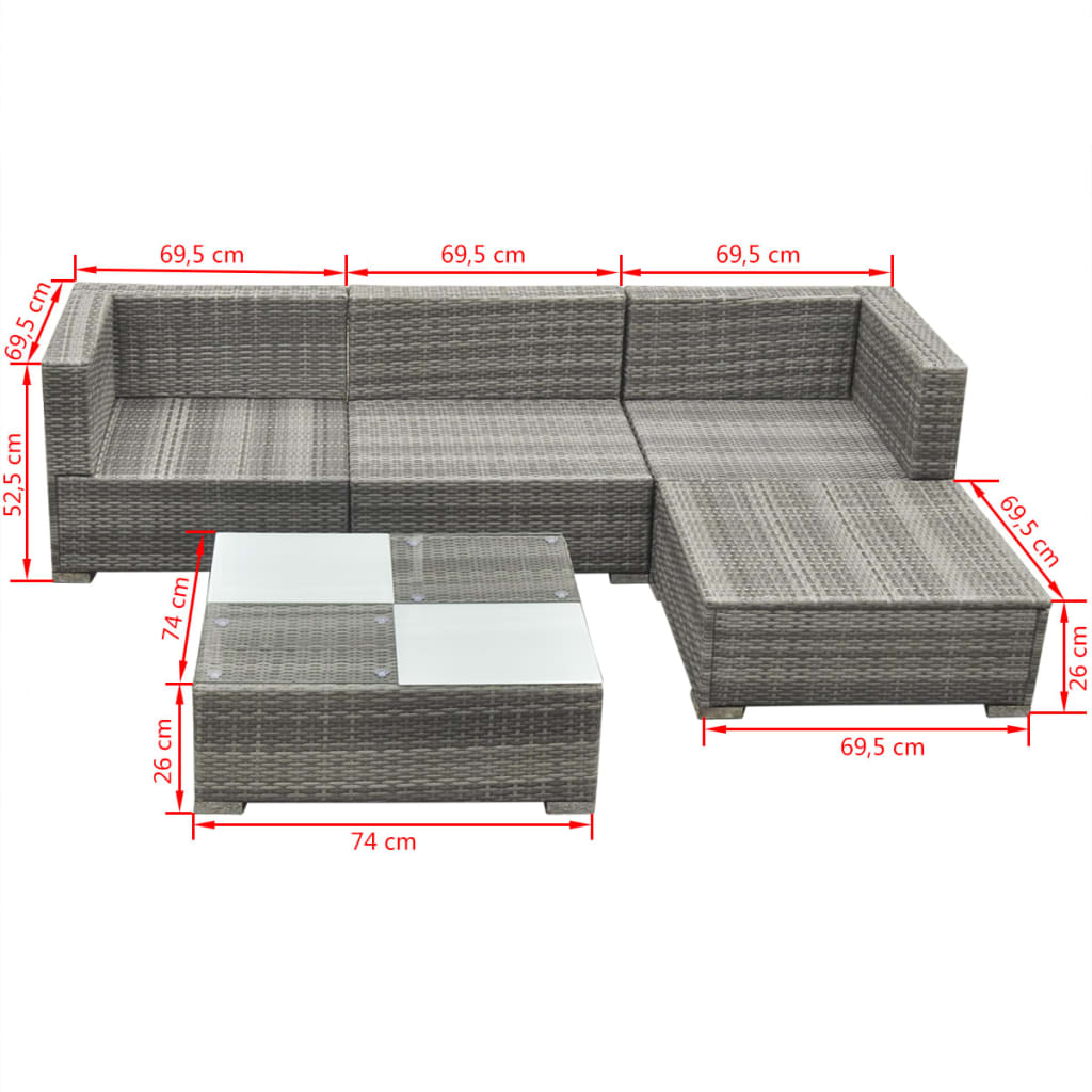 5-delige Loungeset met kussens poly rattan