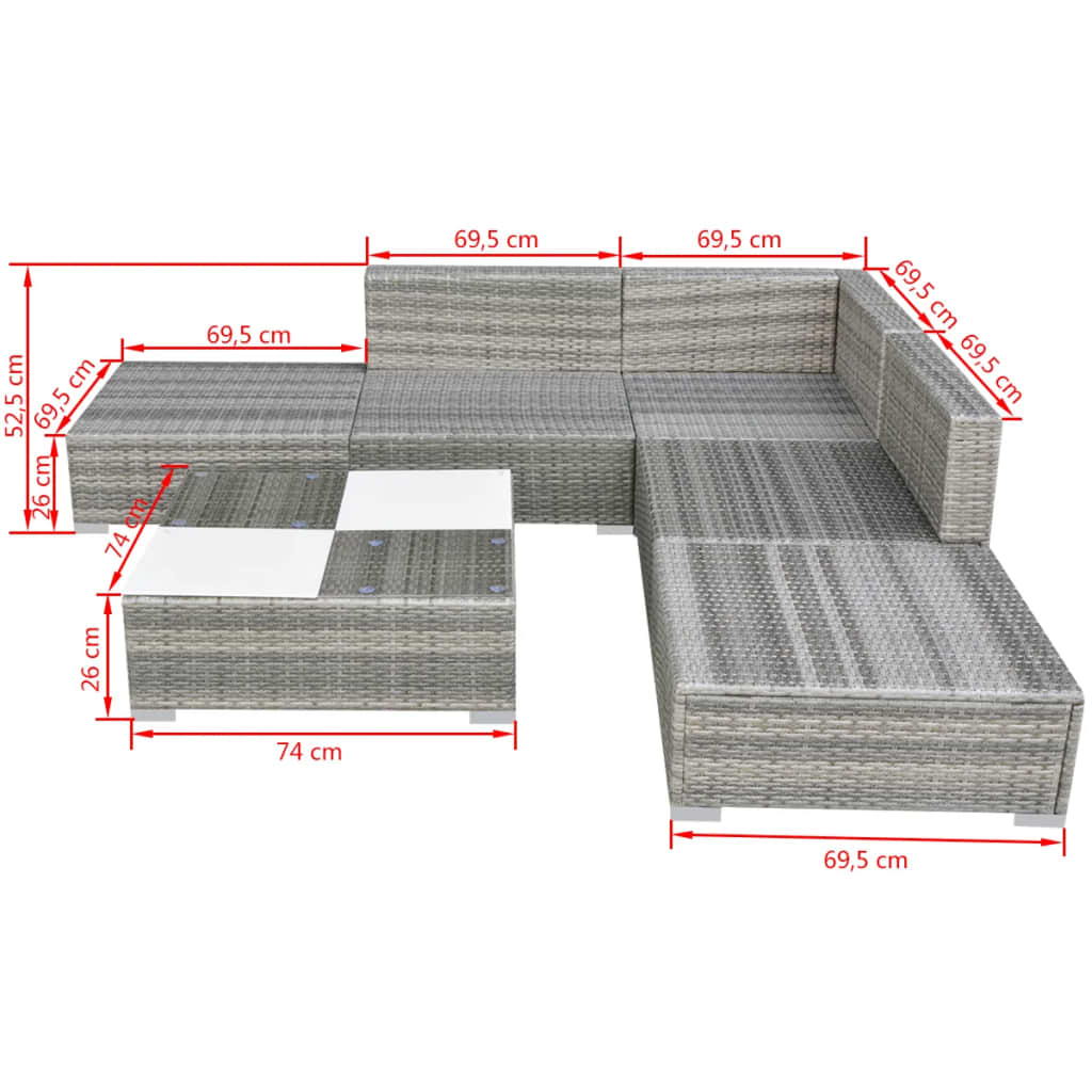 6-delige Loungeset met kussens poly rattan