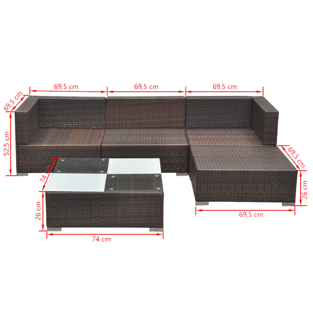 5-delige Loungeset met kussens poly rattan