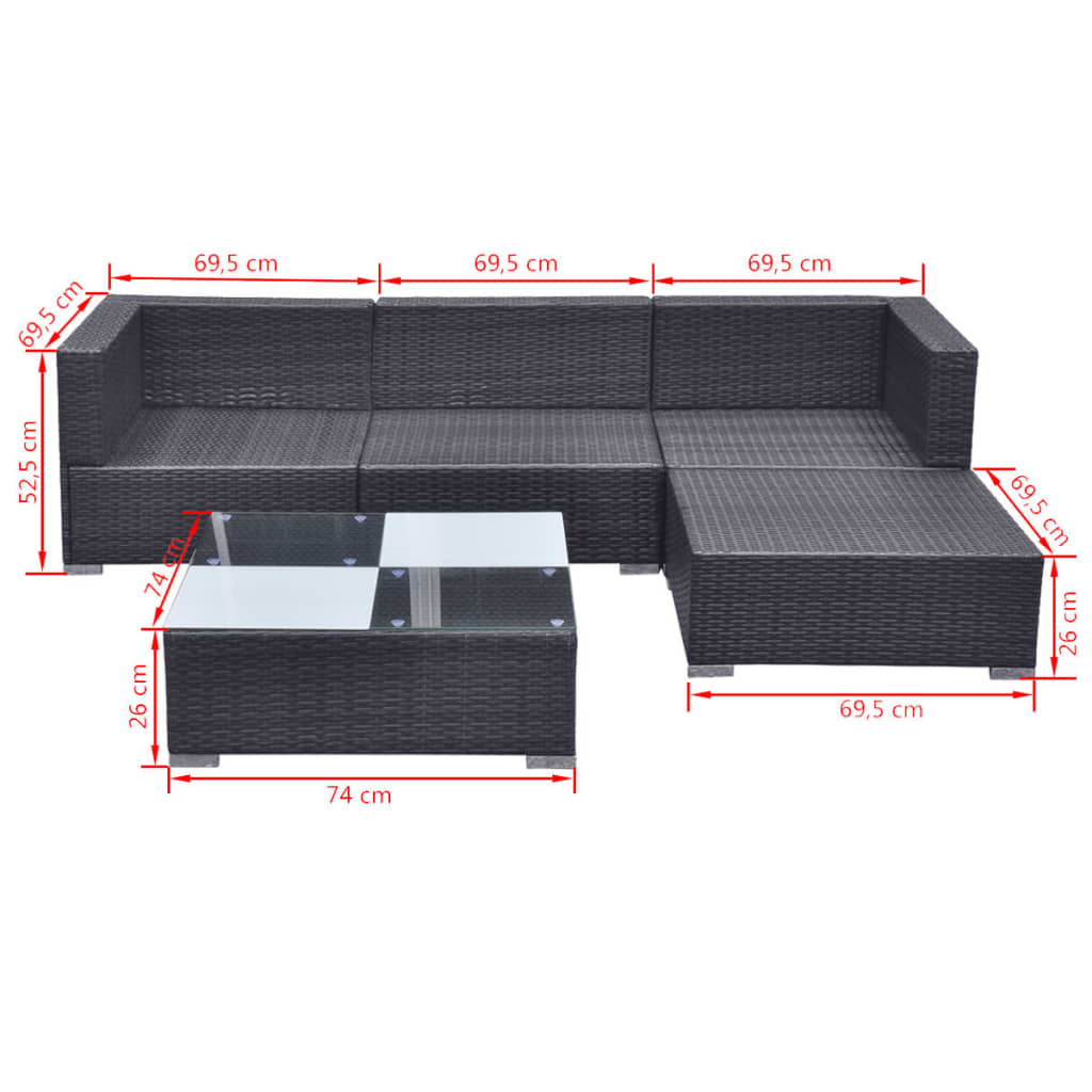 5-delige Loungeset met kussens poly rattan