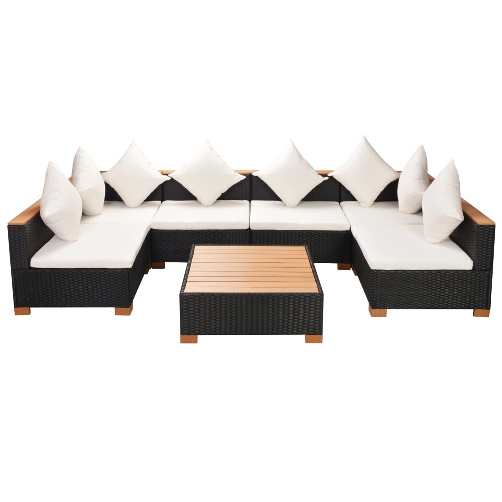 8-delige Loungeset met kussens poly rattan zwart