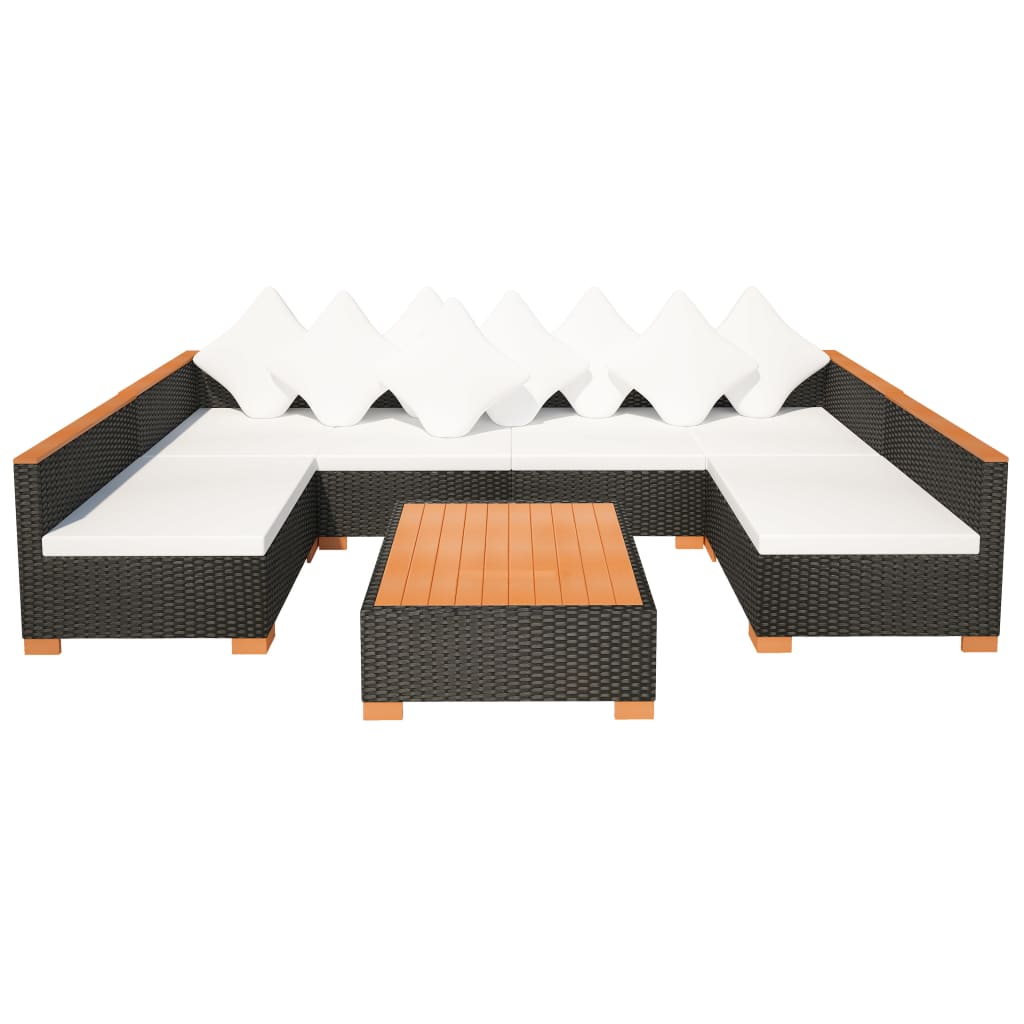 8-delige Loungeset met kussens poly rattan zwart