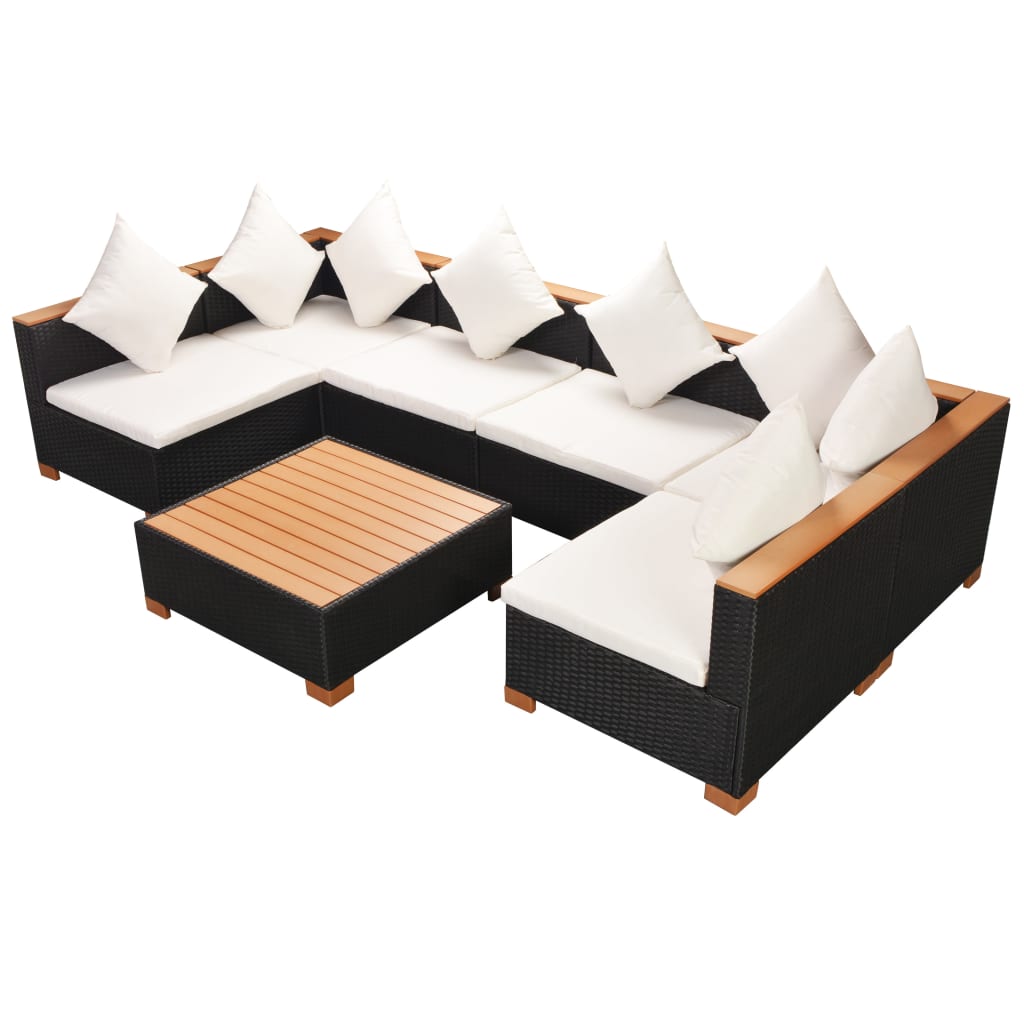 8-delige Loungeset met kussens poly rattan zwart