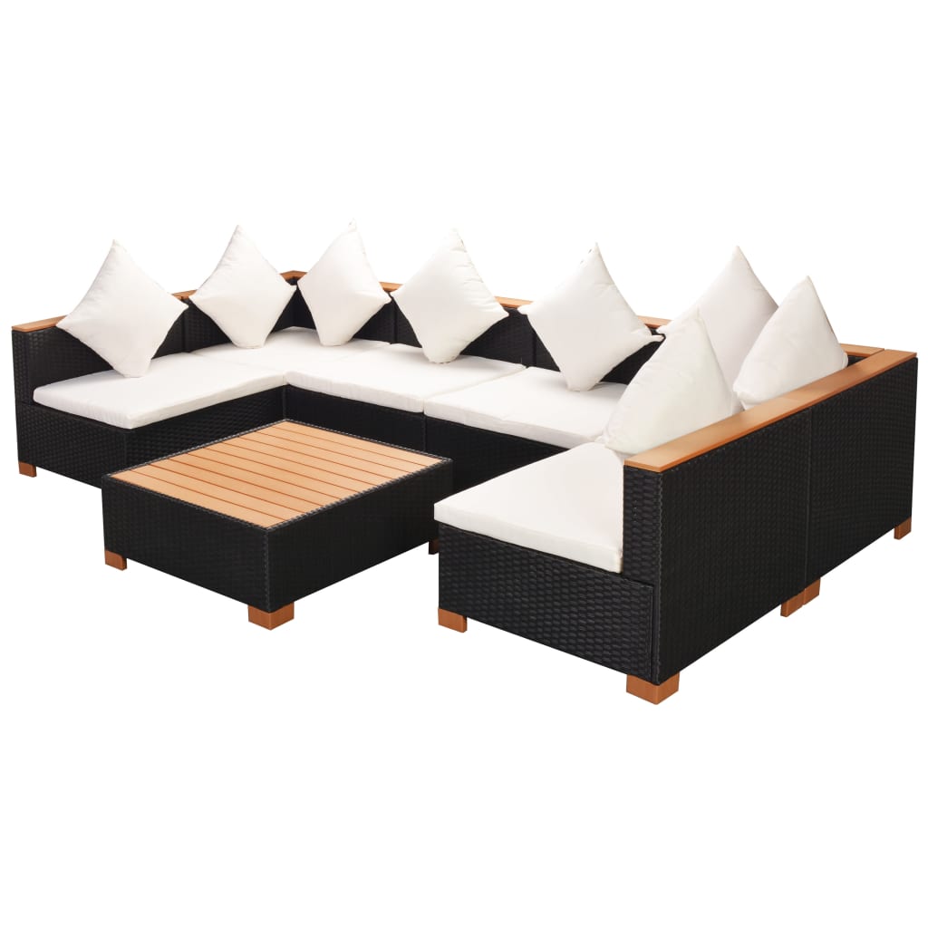 8-delige Loungeset met kussens poly rattan zwart