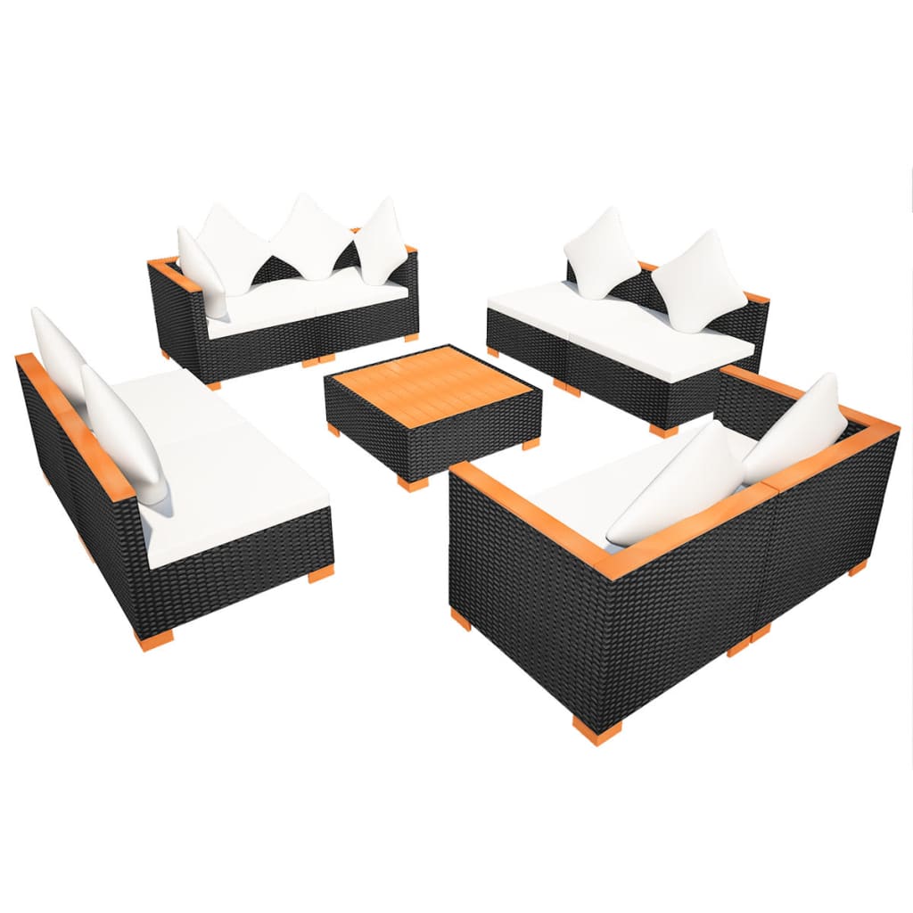 8-delige Loungeset met kussens poly rattan zwart