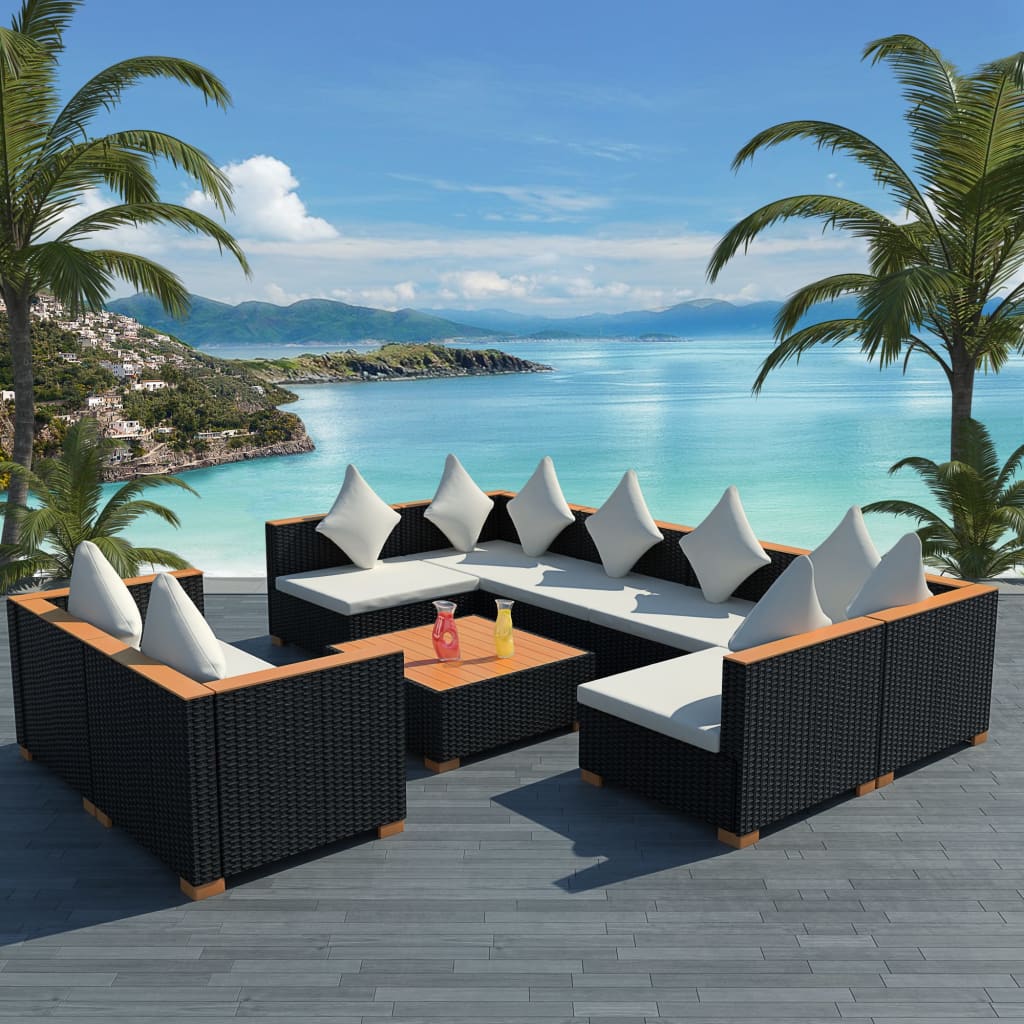 8-delige Loungeset met kussens poly rattan zwart