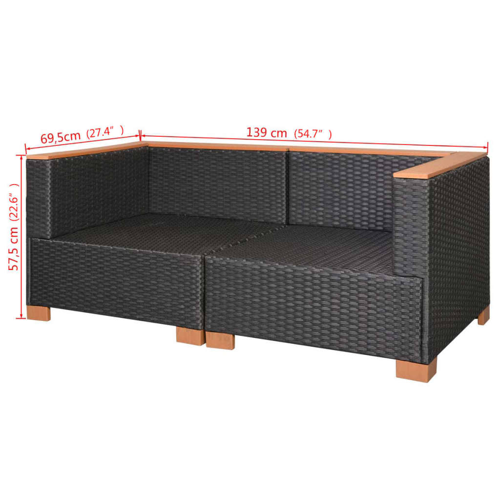 8-delige Loungeset met kussens poly rattan zwart