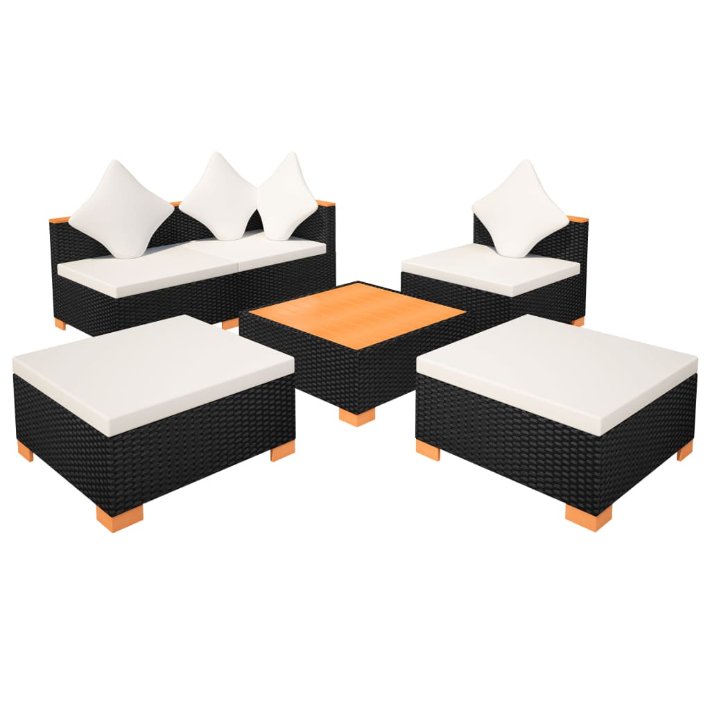 8-delige Loungeset met kussens poly rattan zwart