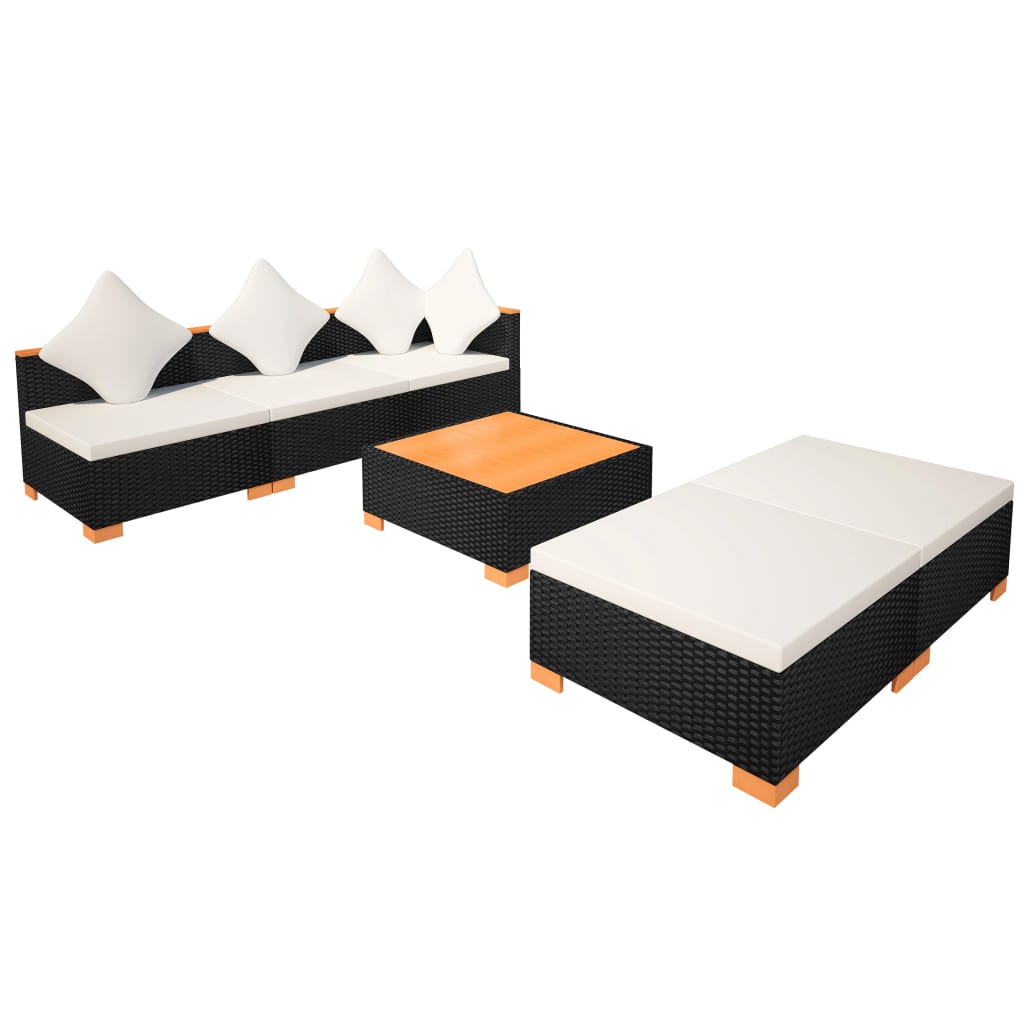 8-delige Loungeset met kussens poly rattan zwart