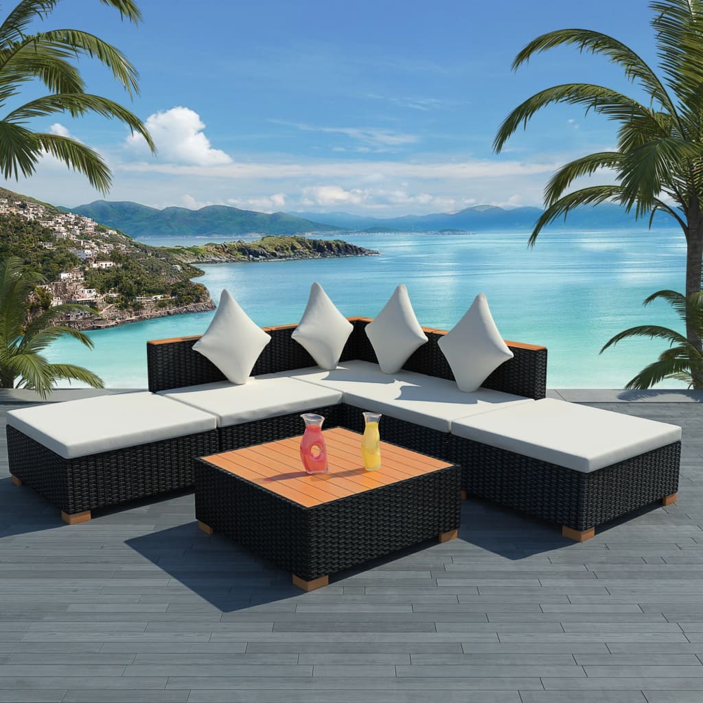 8-delige Loungeset met kussens poly rattan zwart