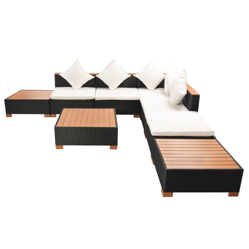 8-delige Loungeset met kussens poly rattan zwart