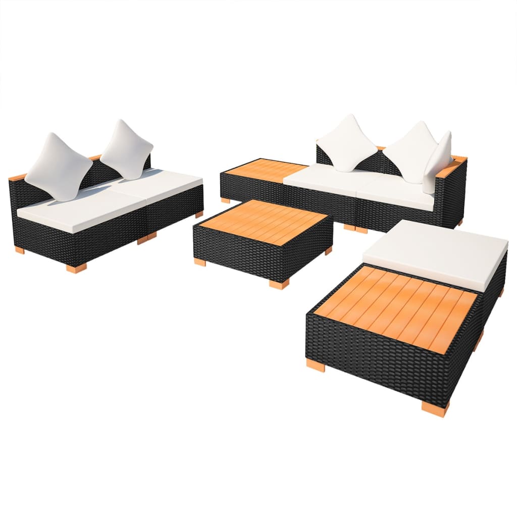 8-delige Loungeset met kussens poly rattan zwart