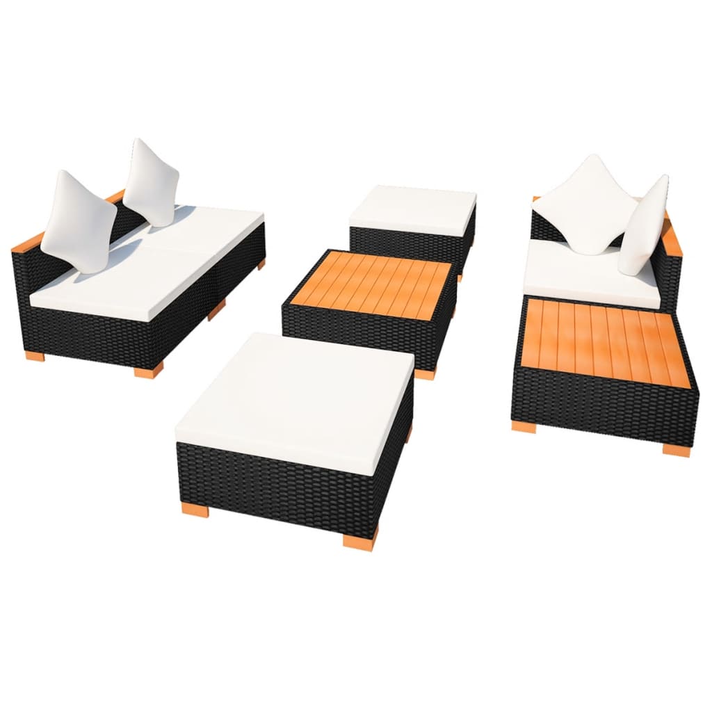 8-delige Loungeset met kussens poly rattan zwart