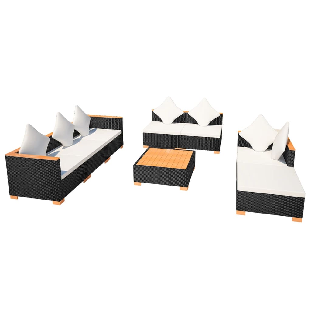 8-delige Loungeset met kussens poly rattan zwart