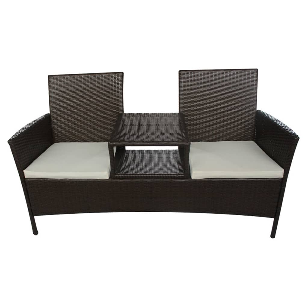 Banc de jardin 2 places avec table poly rotin marron