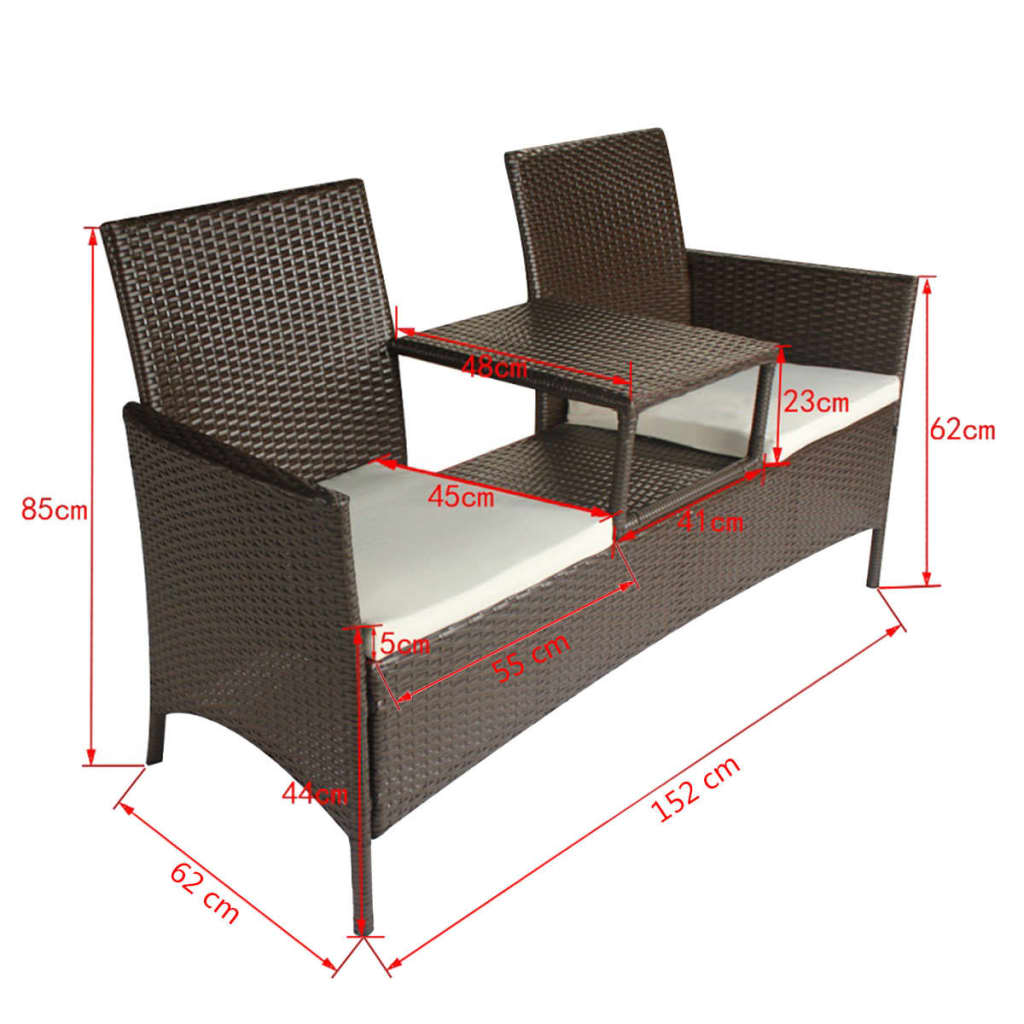 Banc de jardin 2 places avec table poly rotin marron