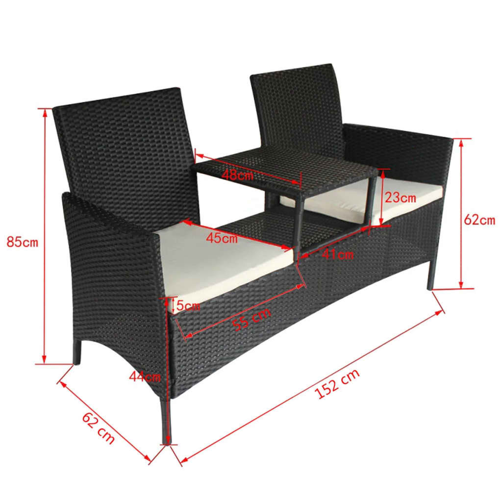 Banc de jardin 2 places avec table poly rotin marron