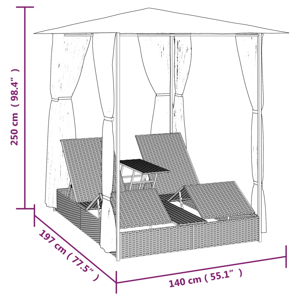 Chaise longue double avec rideau en polyrotin