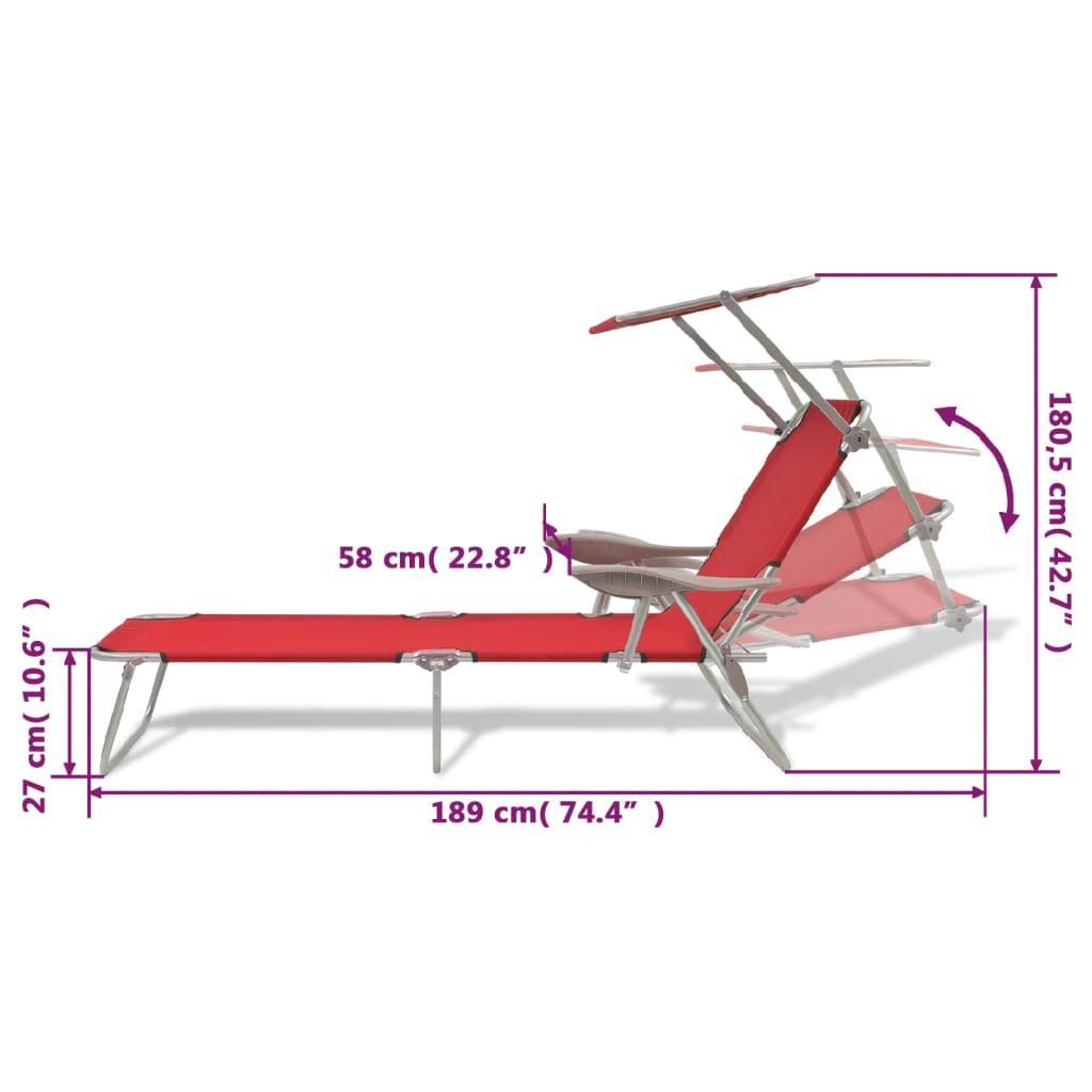 Chaise longue avec auvent en acier