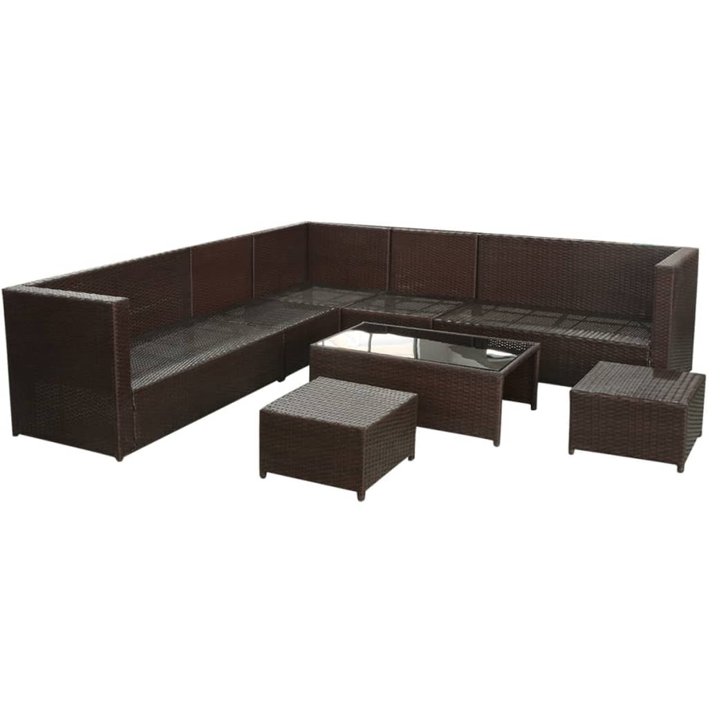 8-delige Loungeset met kussens poly rattan bruin