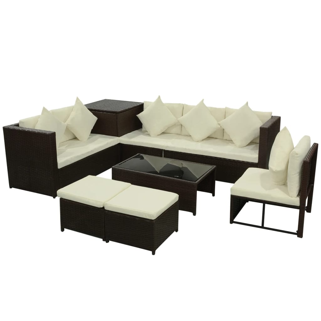 8-delige Loungeset met kussens poly rattan bruin