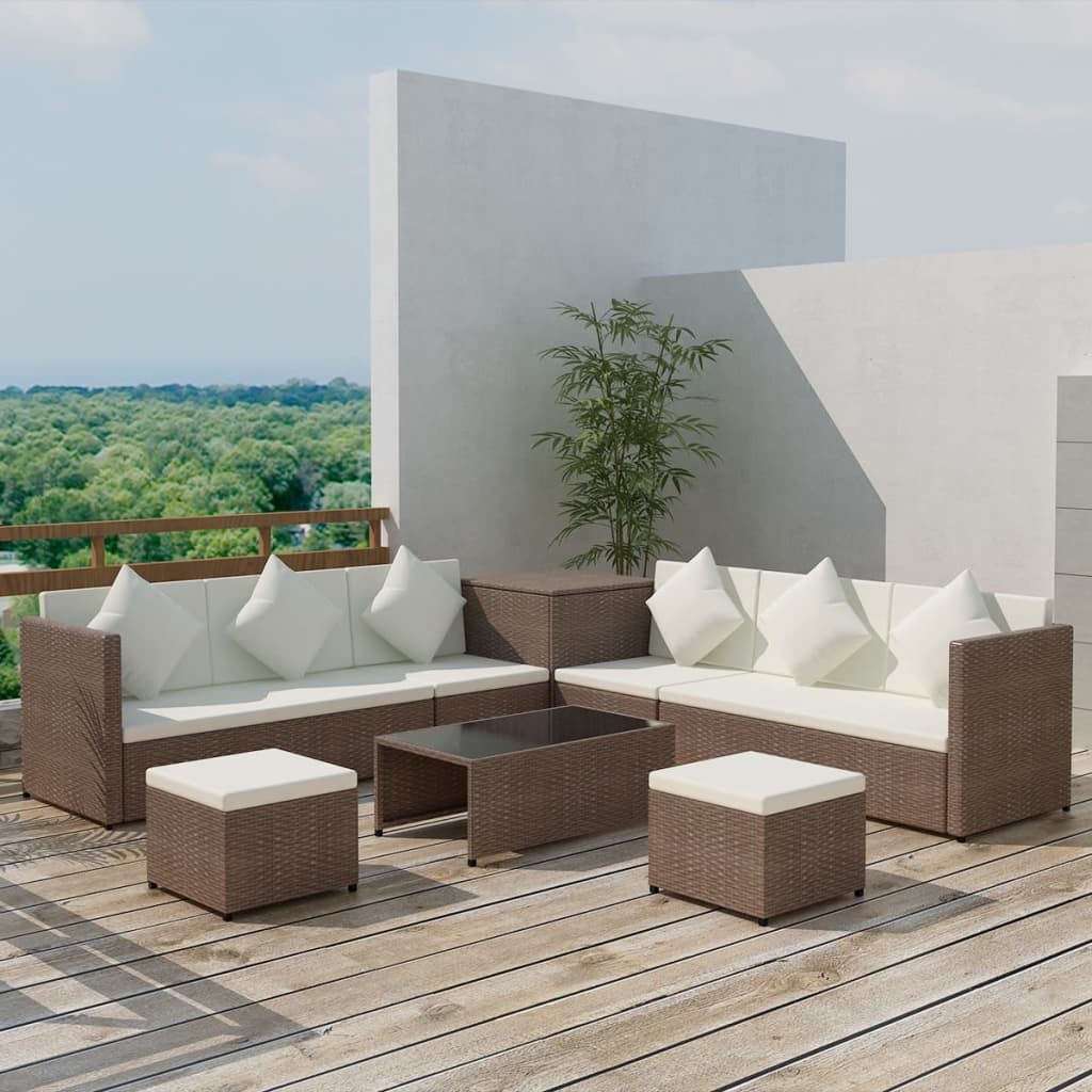 8-delige Loungeset met kussens poly rattan bruin