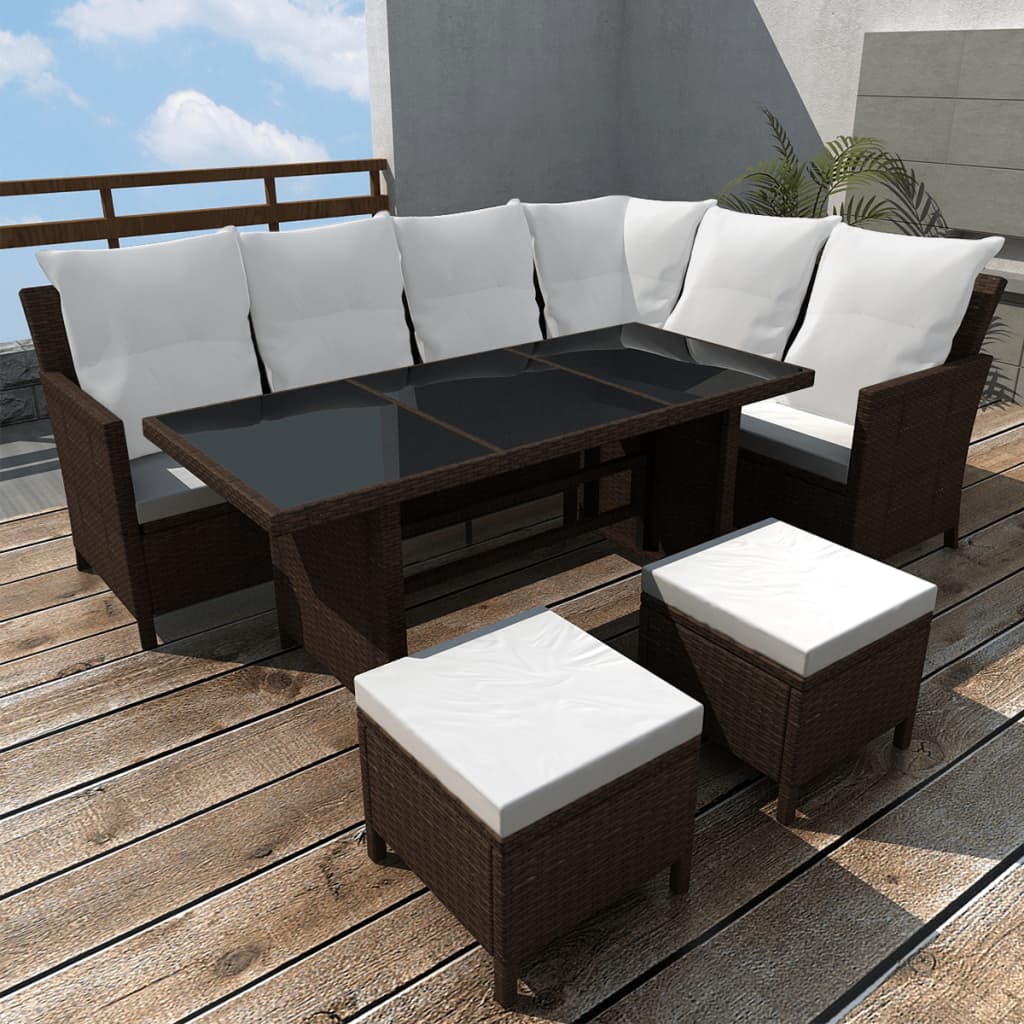 4-delige Loungeset met kussens poly rattan bruin