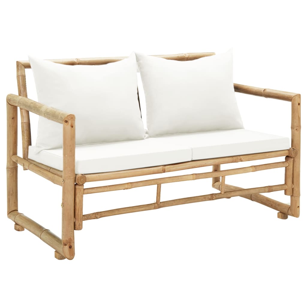 Banc de jardin 2 places avec coussins en bambou