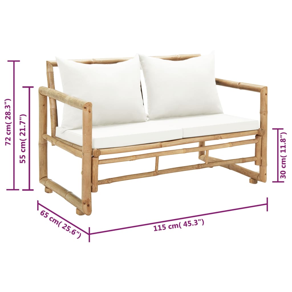 Banc de jardin 2 places avec coussins en bambou