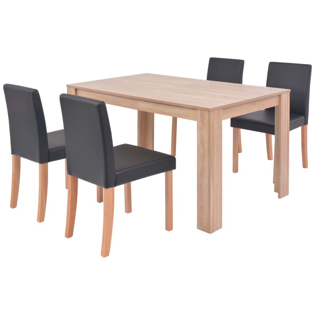 Eettafel met stoelen kunstleer en eiken zwart 5 st