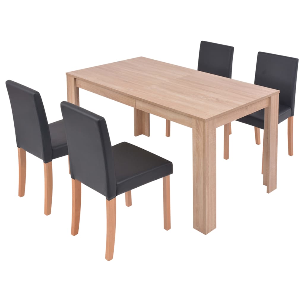 Eettafel met stoelen kunstleer en eiken zwart 5 st