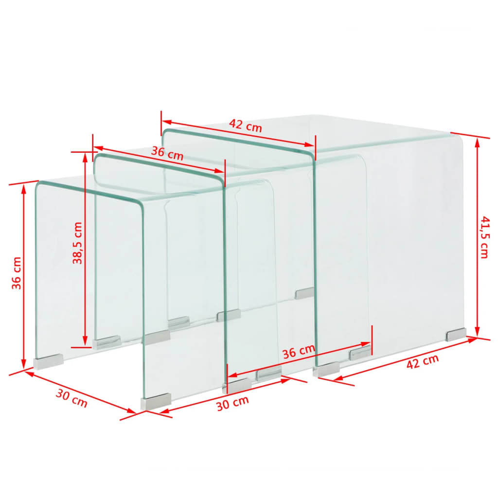 Table d'appoint set de 3 pièces en verre trempé transparent