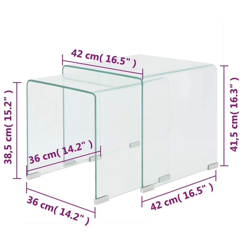 Table d'appoint set de 3 pièces en verre trempé transparent