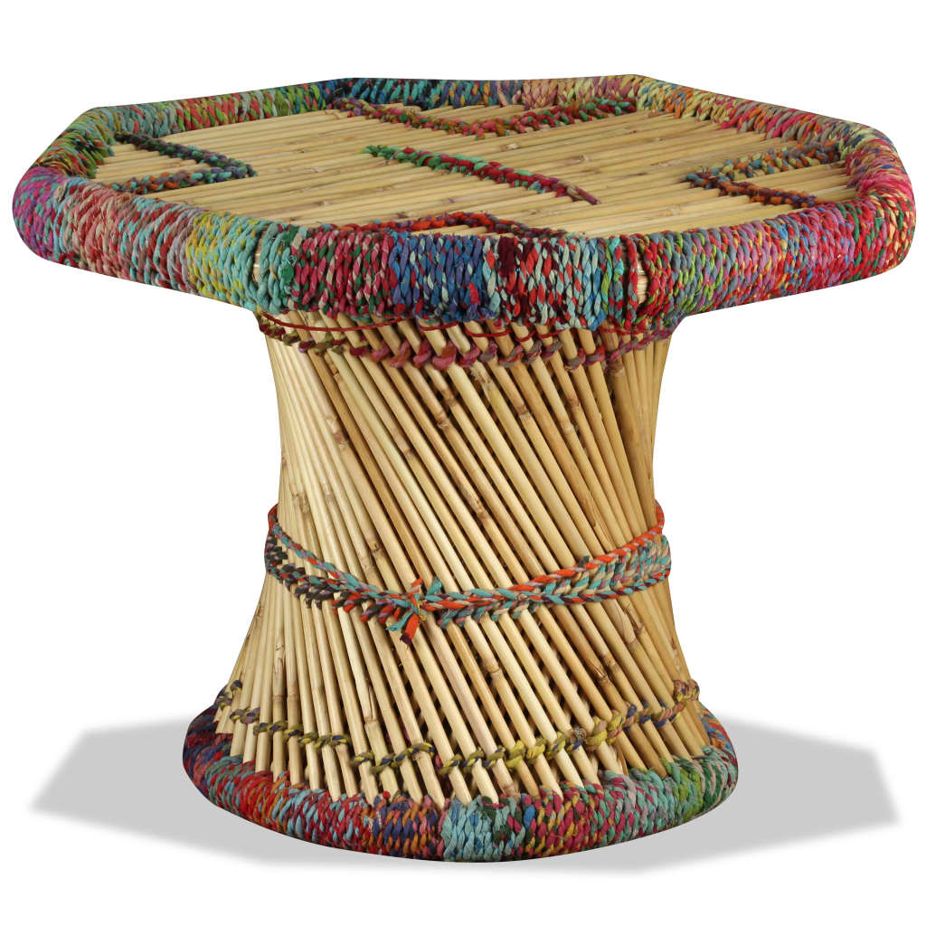 Table basse octogonale avec détails chindi bambou multicolore