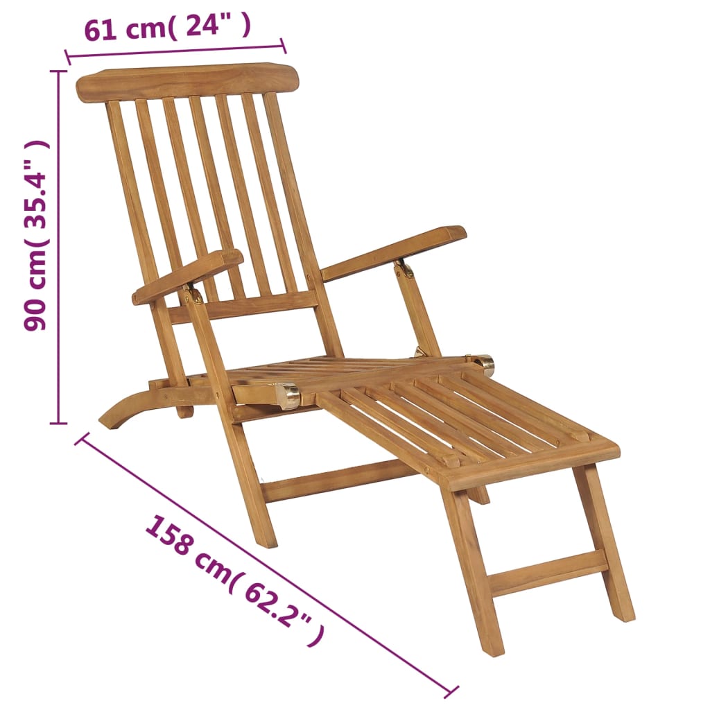 Chaise longue avec repose-pieds et table en bois de teck massif