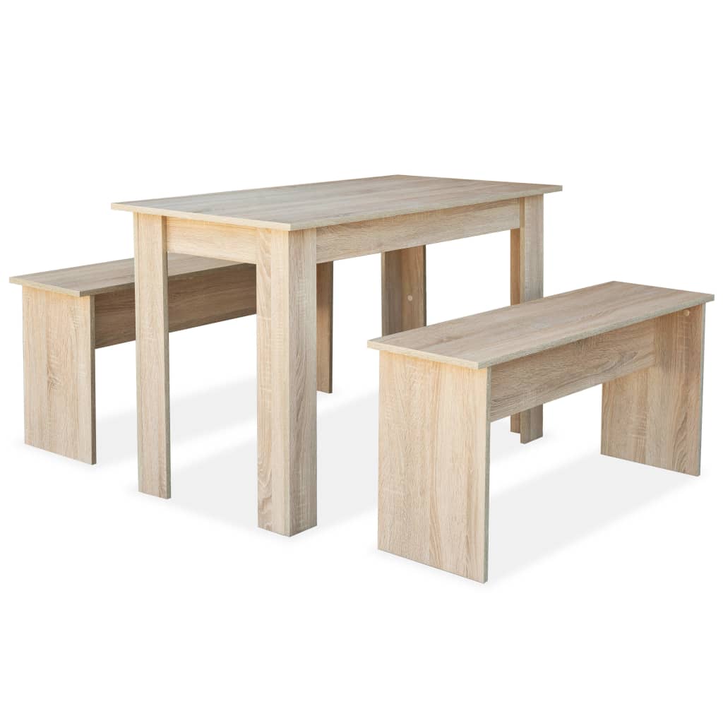 Table à manger et bancs 3 pcs en dérivé du bois couleur chêne